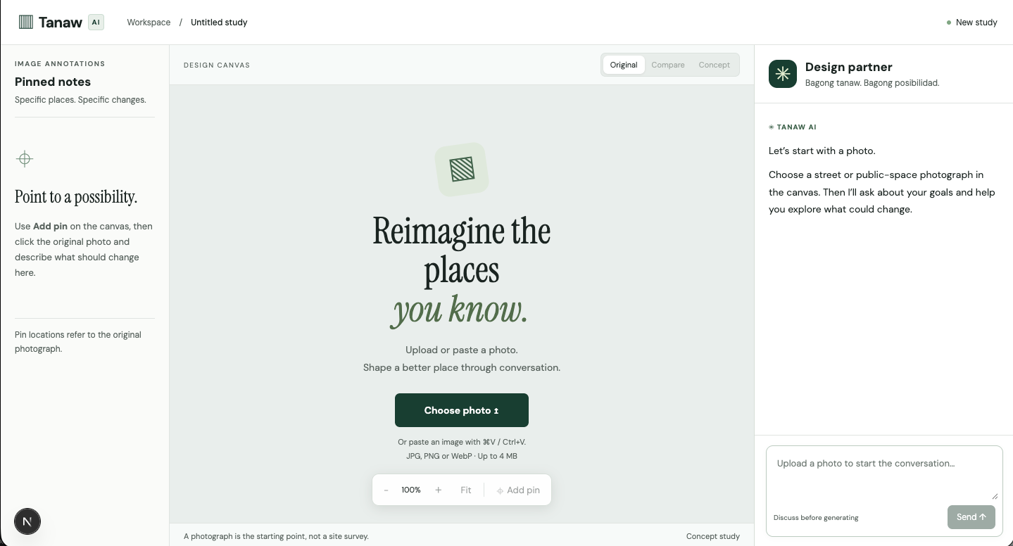 Tanaw AI workspace with a photo canvas, pinned notes, and a conversational design partner